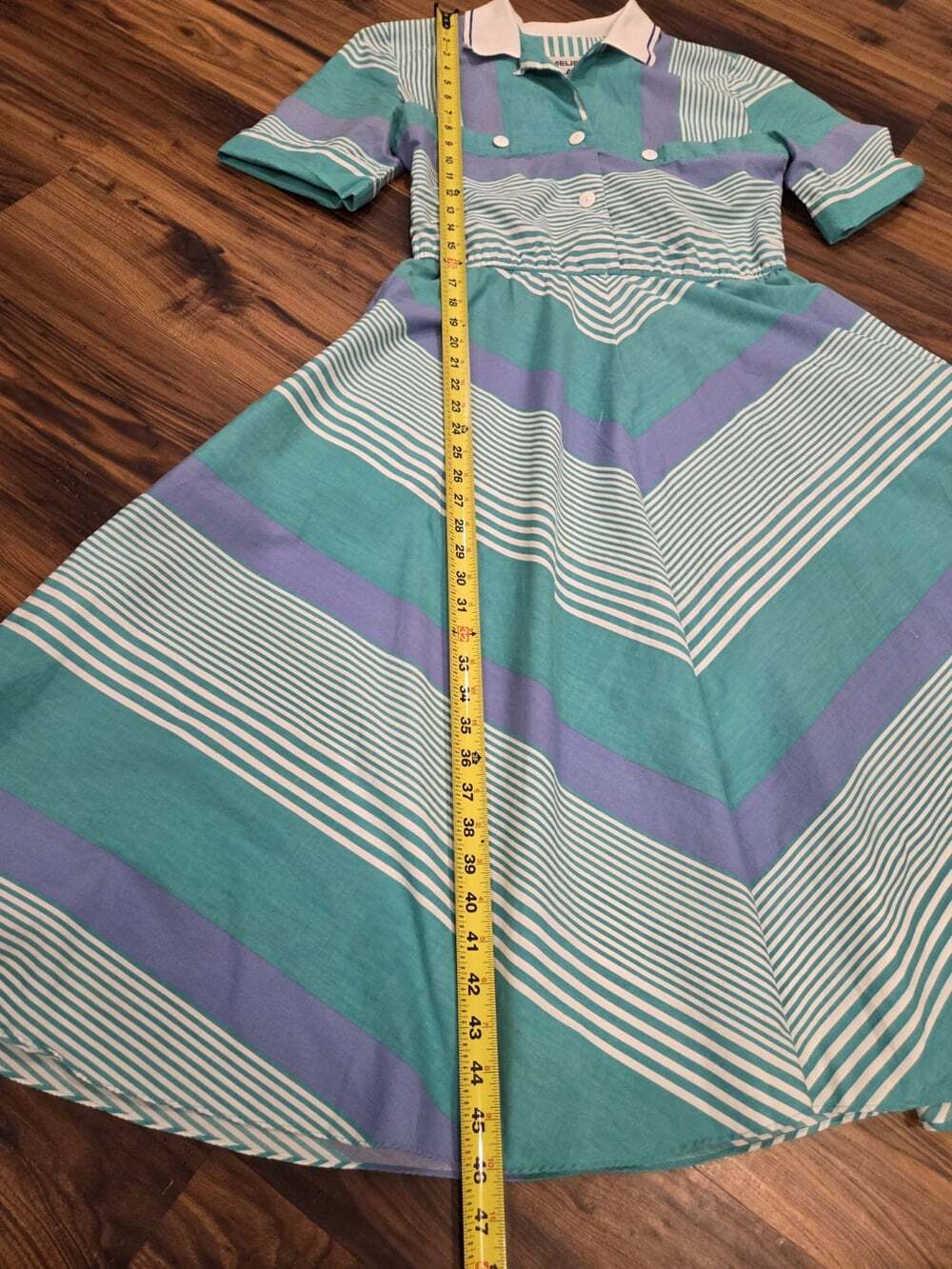 Vtg 80s Melissa Lane Striped Midi Dress Size 8 Teal Blue Chevron Pockets Cotton - Picture 10 of 14
